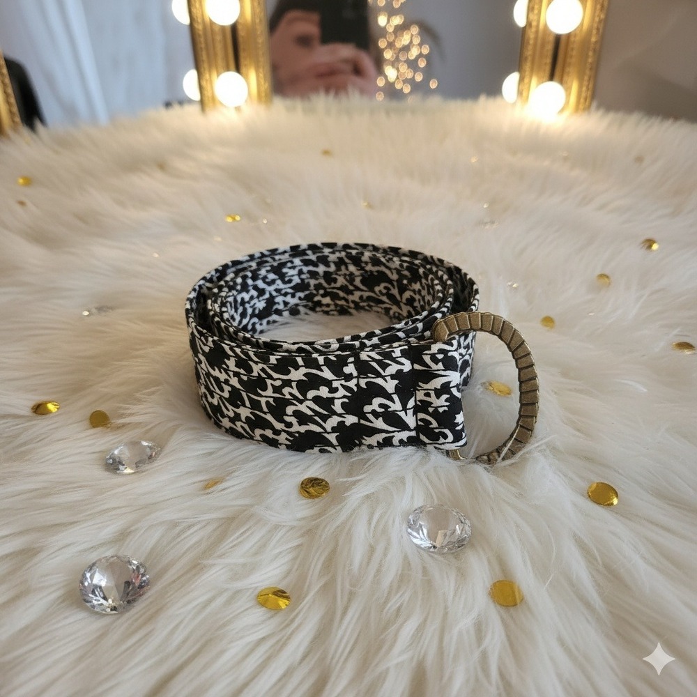 J Crew y2k 100% Silk Belt Black White Damask Print Gold Tone D Ring Buckle‎